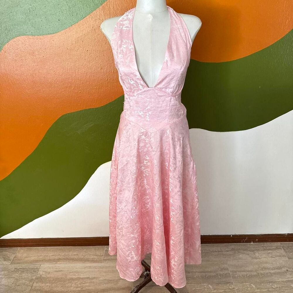Pink halter Midi dress Corset Lolita coquette feminine fairy floral Sz M V Neck
